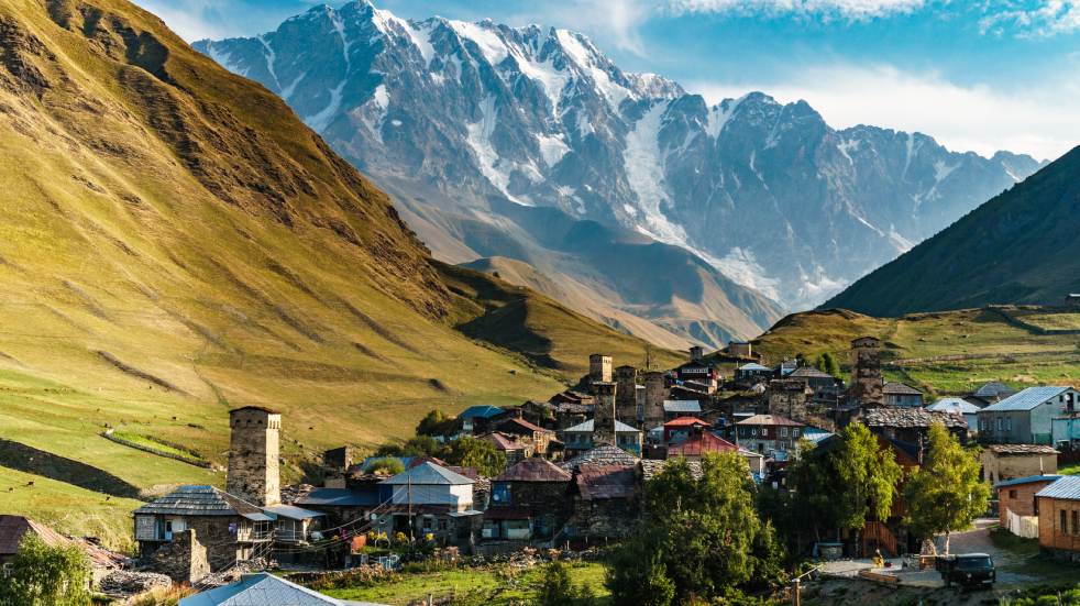 Mountains surrounding village in the foothills